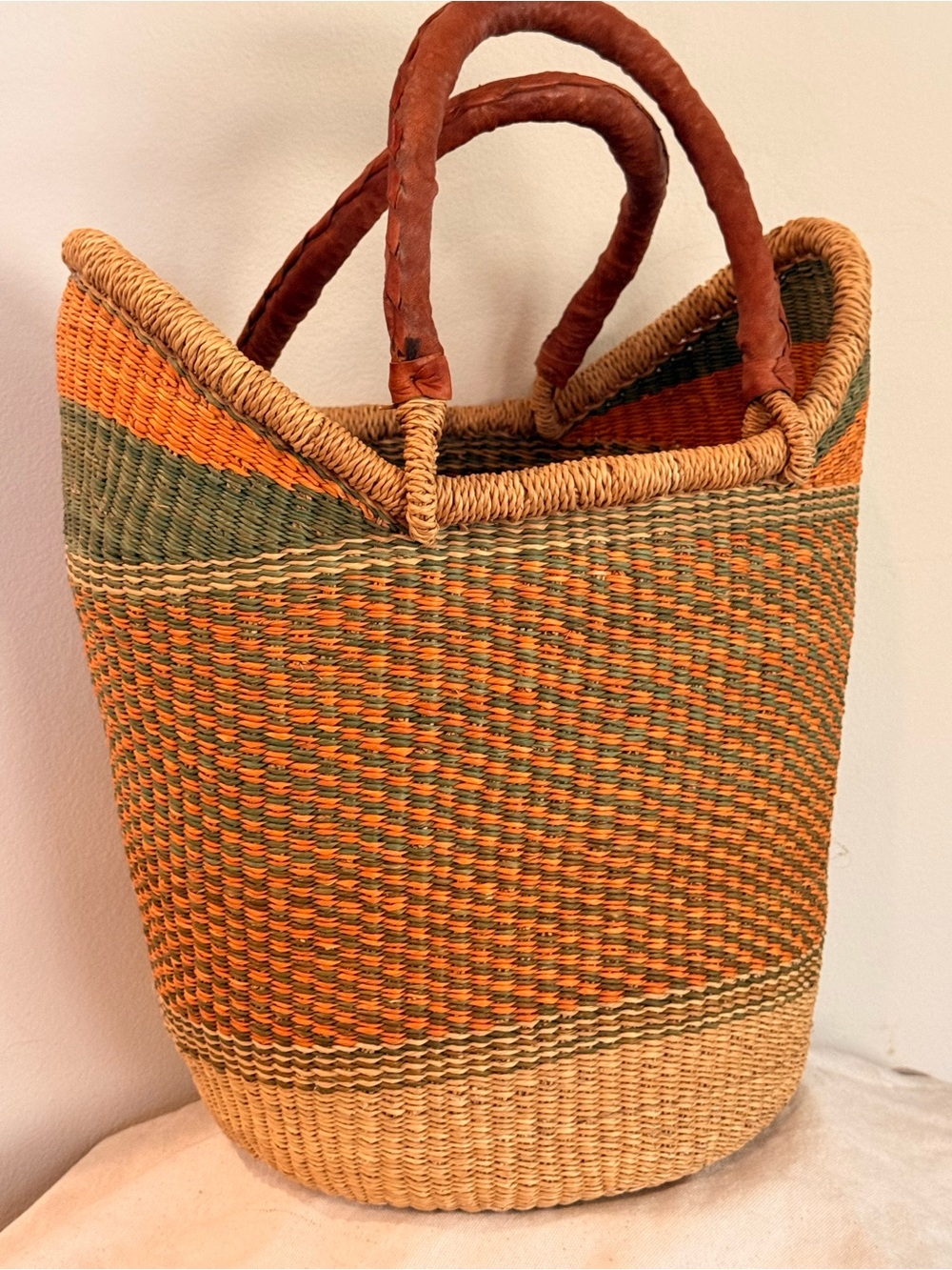 Handwoven African Straw Tote in Orange, Green and Natural with Leather Handles